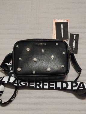 Karl Lagerfeld Black Pearl Accent Logo Camera Bag
